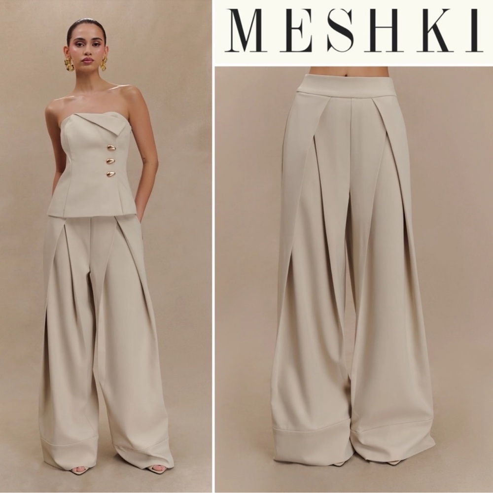 NWT MESHKI Katarina Wide Leg Suiting Pants Sand Size M High Rise Pleated